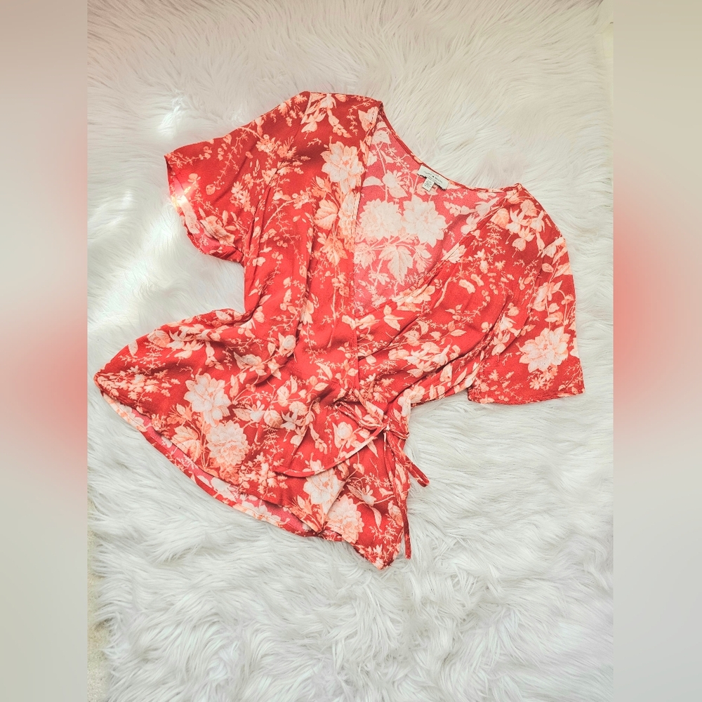 Floral Flow Faux Wrap Top in Red